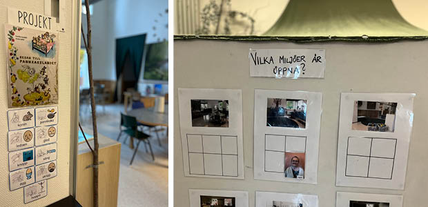 Bilder på projekt inom historien "Resan till pannkakslandet". Fotografier på lekmiljöer på förskolan och under varje foto fyra rutor där barn ska placera en bild på sig själv.