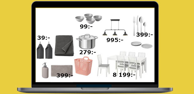 Laptop där skärmen visar möbler och inredningsprodukter med priser.