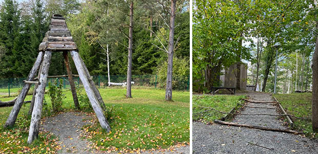 En koja av telefonstolpar ute på gården. En stig i skogen med pinnar att hoppa över.