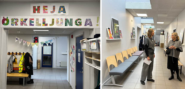I entrén möts besökaren av texten "Heja Örkelljunga!". Bild från korridoren på Utbildningscentrum.