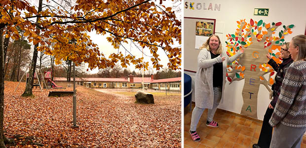 Skolgård beströdd med höstlöv och en gul skolbyggnad i bakgrunden. Besöksdeltagarna samlade vid ett pappersträd fäst på väggen och med texten GRETA på.