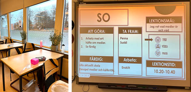 Skolbänkar och stolar vid klassrumsfönster. Pennfack ligger på bänken. Skärm i klassrummet visar detaljer om SO-lektionen: tidpunkter, vad som ska göras och varför.