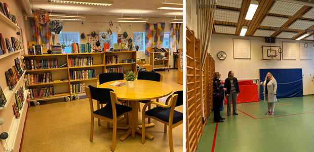 Bokhyllor med barnböcker och ett bord med fyra stolar runt. Gymnastiksal med rep och ringar från taket, ribbstolar och tjockmatta mot väggen.